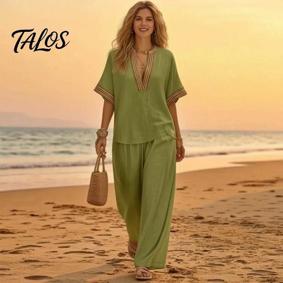 Muskelversteckende Hosen Color Block 2-teilige Sets für Damen, Kurzarm V-Ausschnitt Locker geschnittenes Hemd Damen Oberteil und Weite Hosen Passende Sets, Sommerurlaub