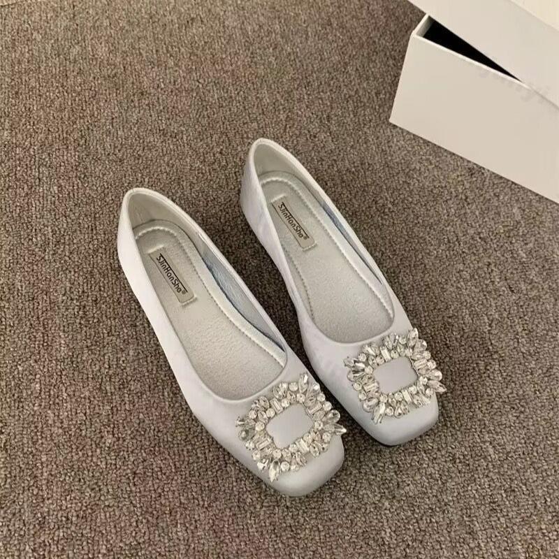 Woman Flats Square Toed Rhinestone 2026 Autumn Shallow Mouth Dress Fashion Flat Shoes Comfortable Silk Outdoor Casual Shoes