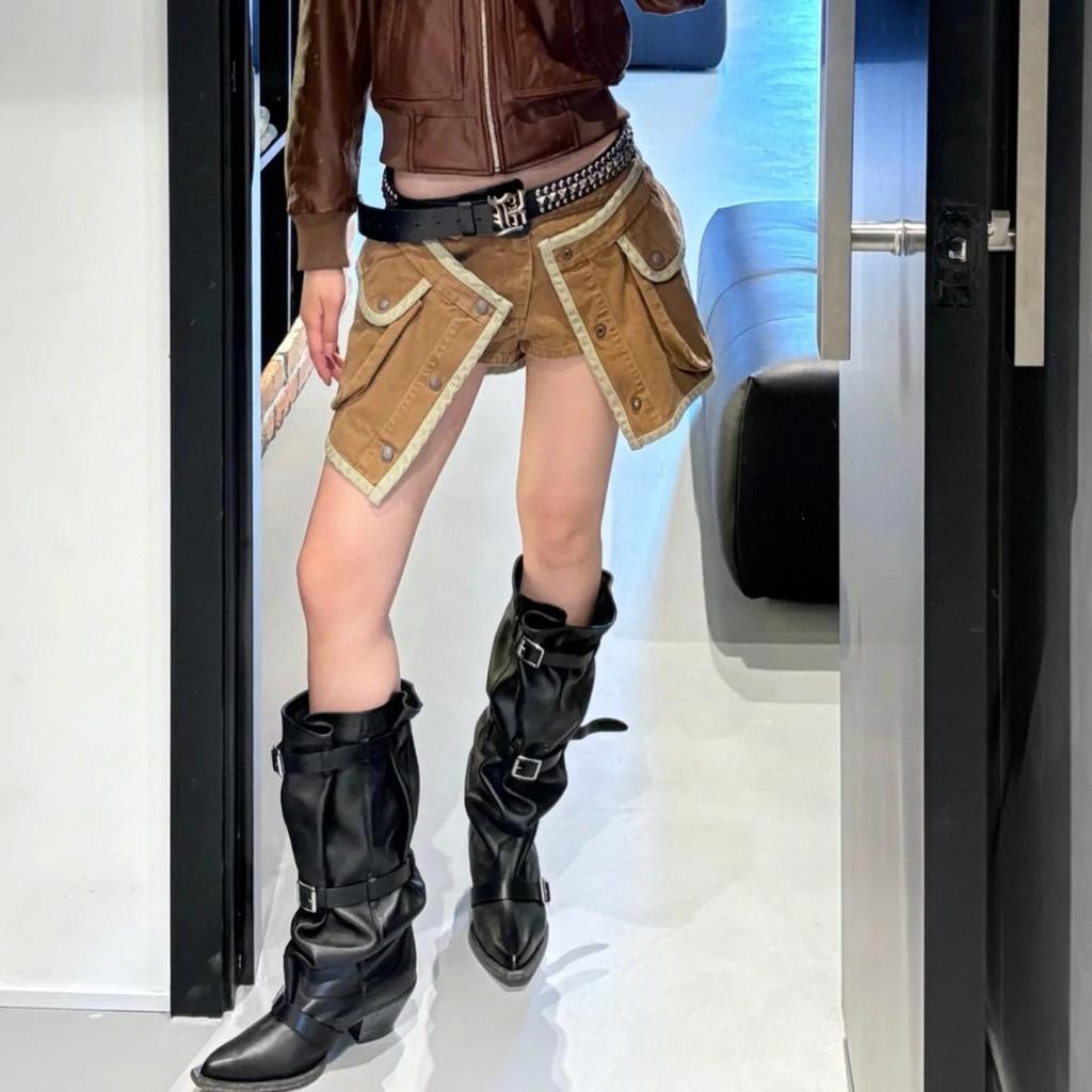Fashion 2025 Autumn New Suede Leather Knee-High Boots Women Pointed Toe Chunky Heels Long Boots Fashion Belt Buckle Knight Botas Mujer