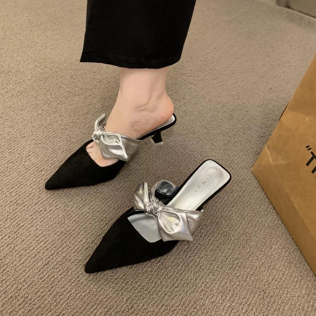 Fashion 2024 Summer Women Pointed Toe High Heels Sandals Bowknot Fashion Flower Woman Shoes Slingback Woman Slippers