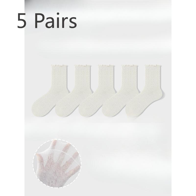 

5 пар женских летних тонких носков-гольфов из сетки с полым узором и деревянными вставками по бокам. 5 Pairs