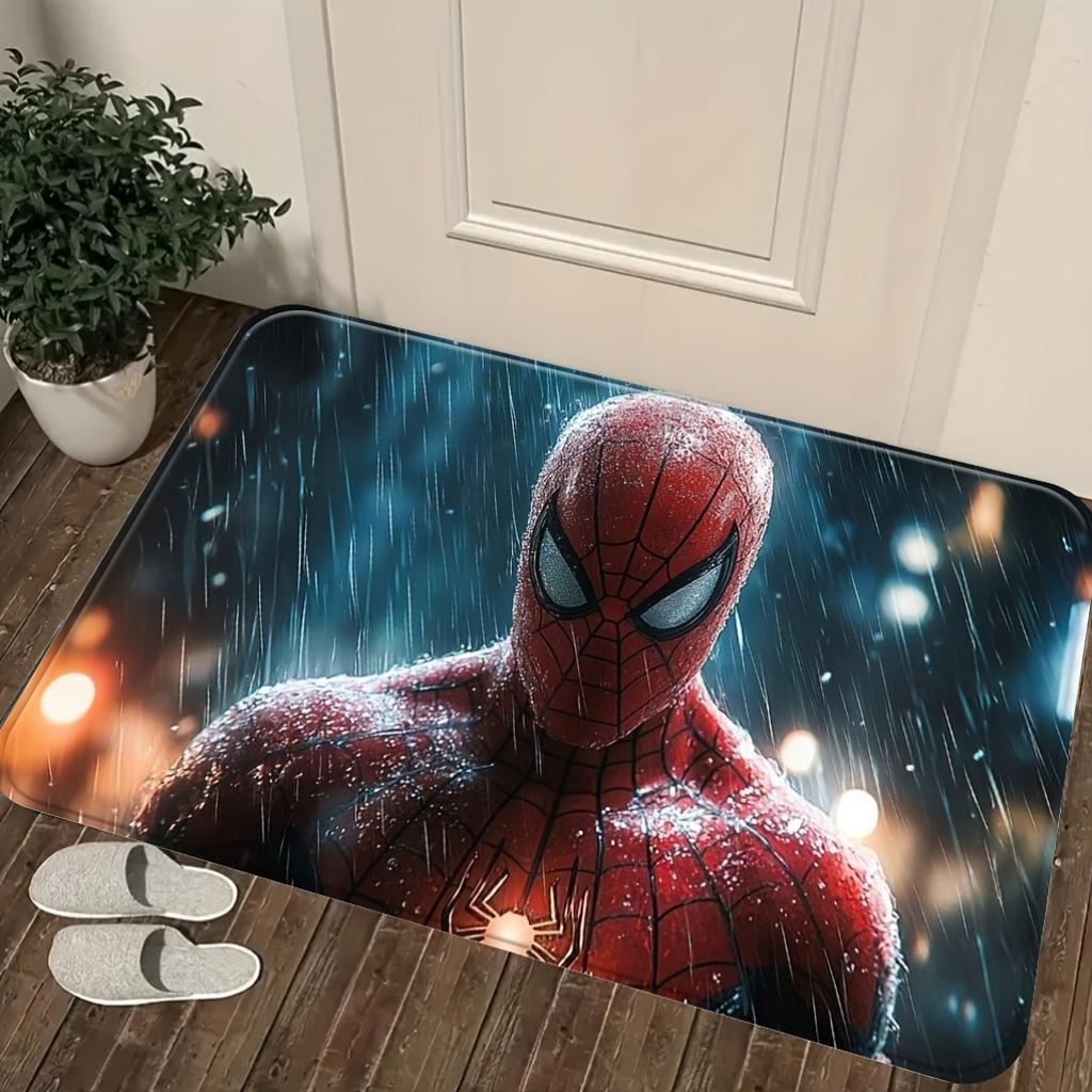 Authorized 1pc Cartoon Printed Mat, Red And Black Spider-Web Battle Suit Hero Standing in City Lights in Rainy Night, Easy to 40cm x 60cm