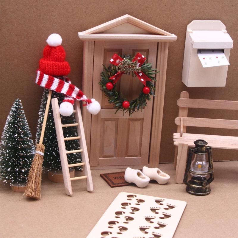 1 Set Dollhouse Elf Door Christmas Decor Wreath Mini Wood Furnitures Ornament Fairy Garden Miniature Scene Model Pretend