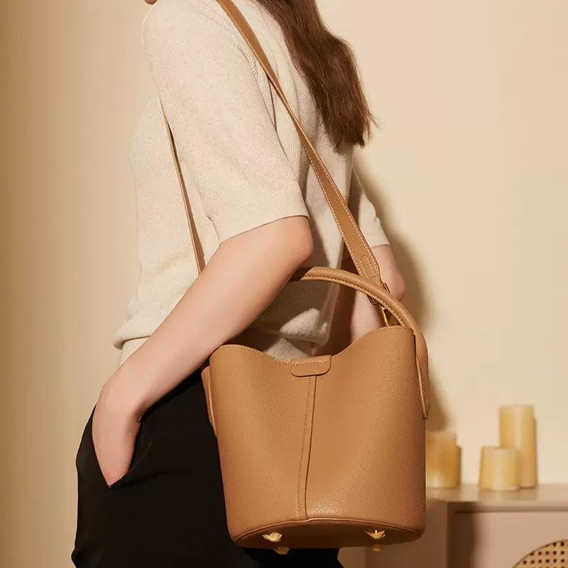 2025 cowhide Leather Small Bucket Basket bags Cute Women Handbags fashion Top-handle bag Work Shoulder Crossbody blue bag Lady