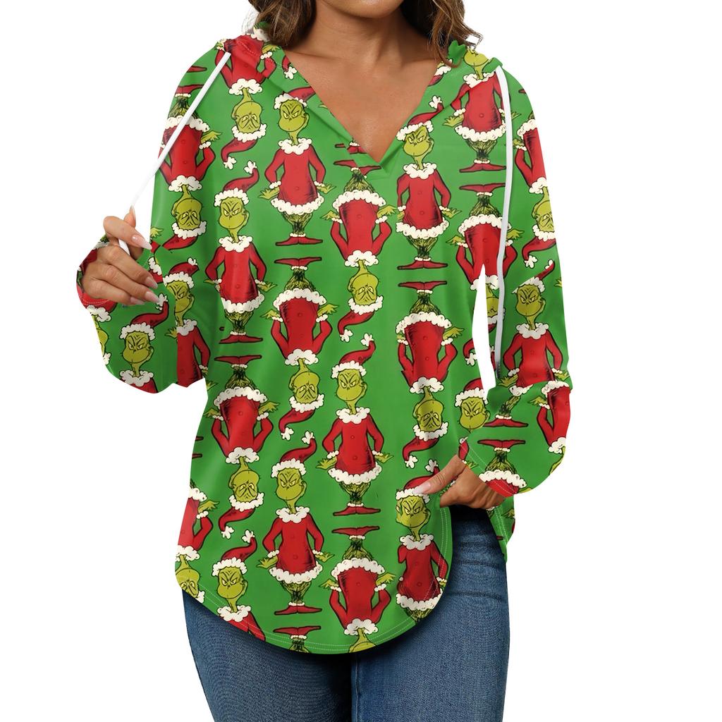 Women's Fashion Hoodies V Neck Long Sleeve Christmas Printed Drawstring Casual Loose Pullover Tops