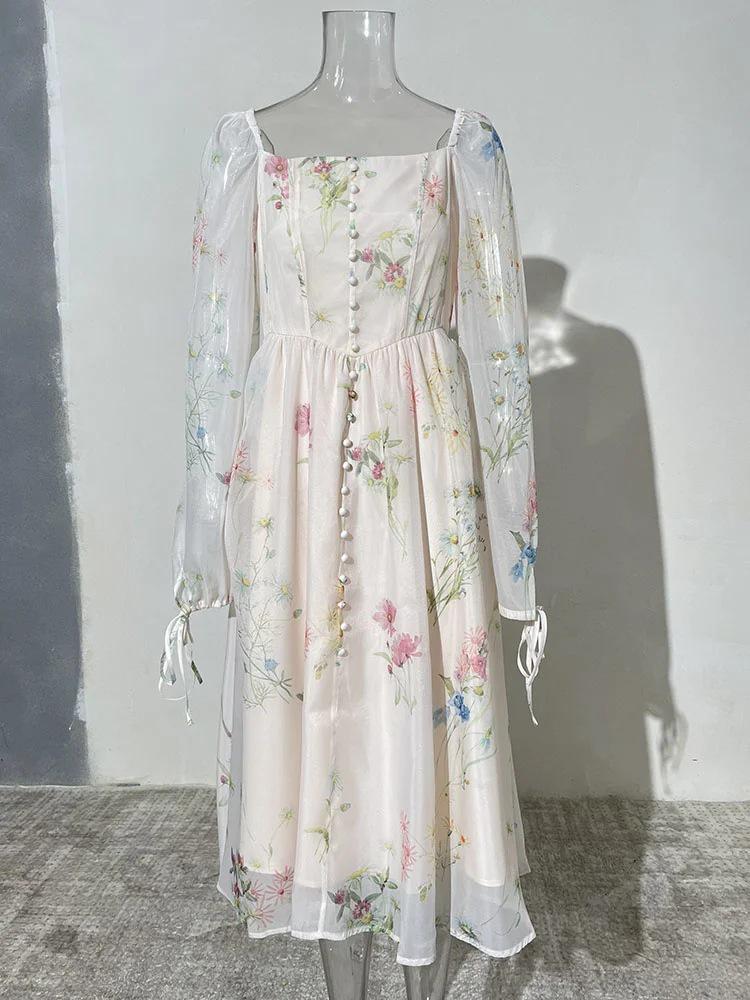 

Женское платье с квадратным вырезом в французском стиле с цветочным принтом - Весенний дизайн, Длинный рукав, Платье для феи для чаепития Large