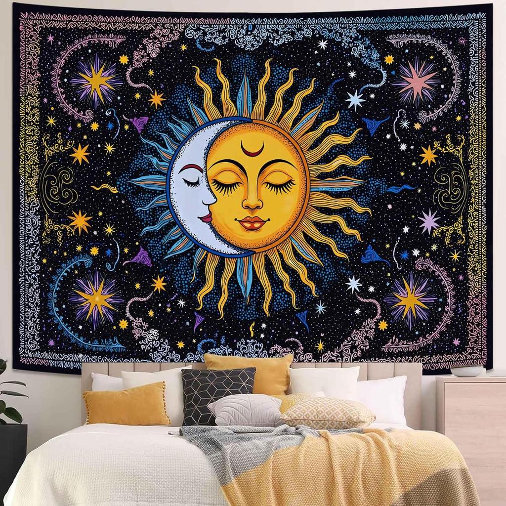 Boho Sun and Moon Tapestry, Colorful Celestial Starry Sky Mandala Print Wall Hanging for Bedroom Living Room Dorm Decor