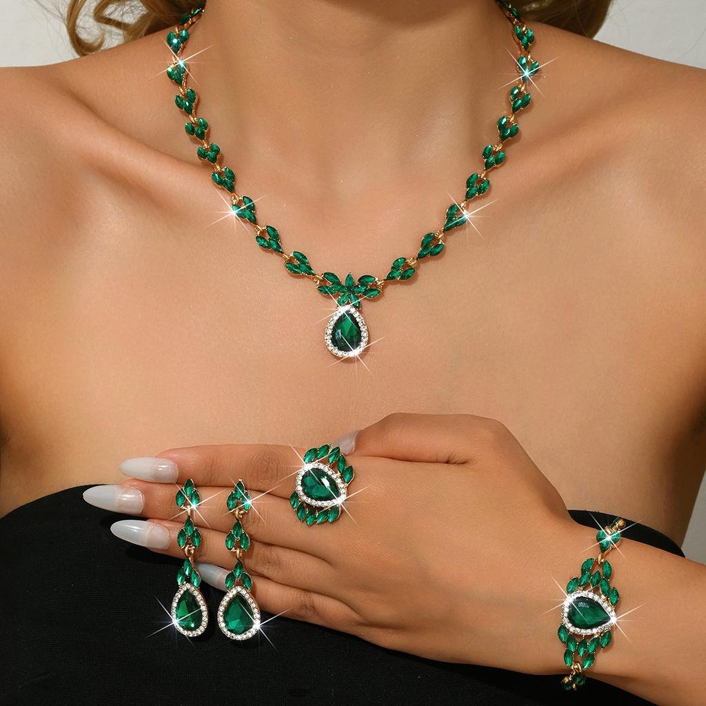 European and American Fashion Green Blue Red Rhinestone Necklace Earrings Bracelet Ring Set Full of Diamonds Four-piece Set 2026