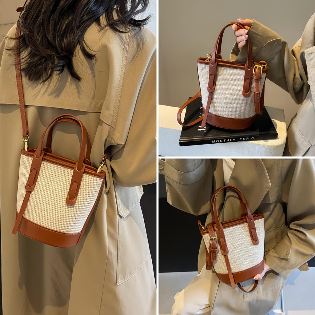 Chic Minimalist Two Tone Bucket Bag, Canvas & Leather Tote Bag, Convertible Strap Crossbody Bags for Commute & Casual Outings