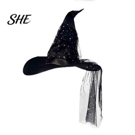 Comfortable Witch Hat for Carnival Halloween Hat, Large Ruched Mesh Sequins Wizard Costume Accessory Women Costume, Masquerade Cosplay Party чёрный