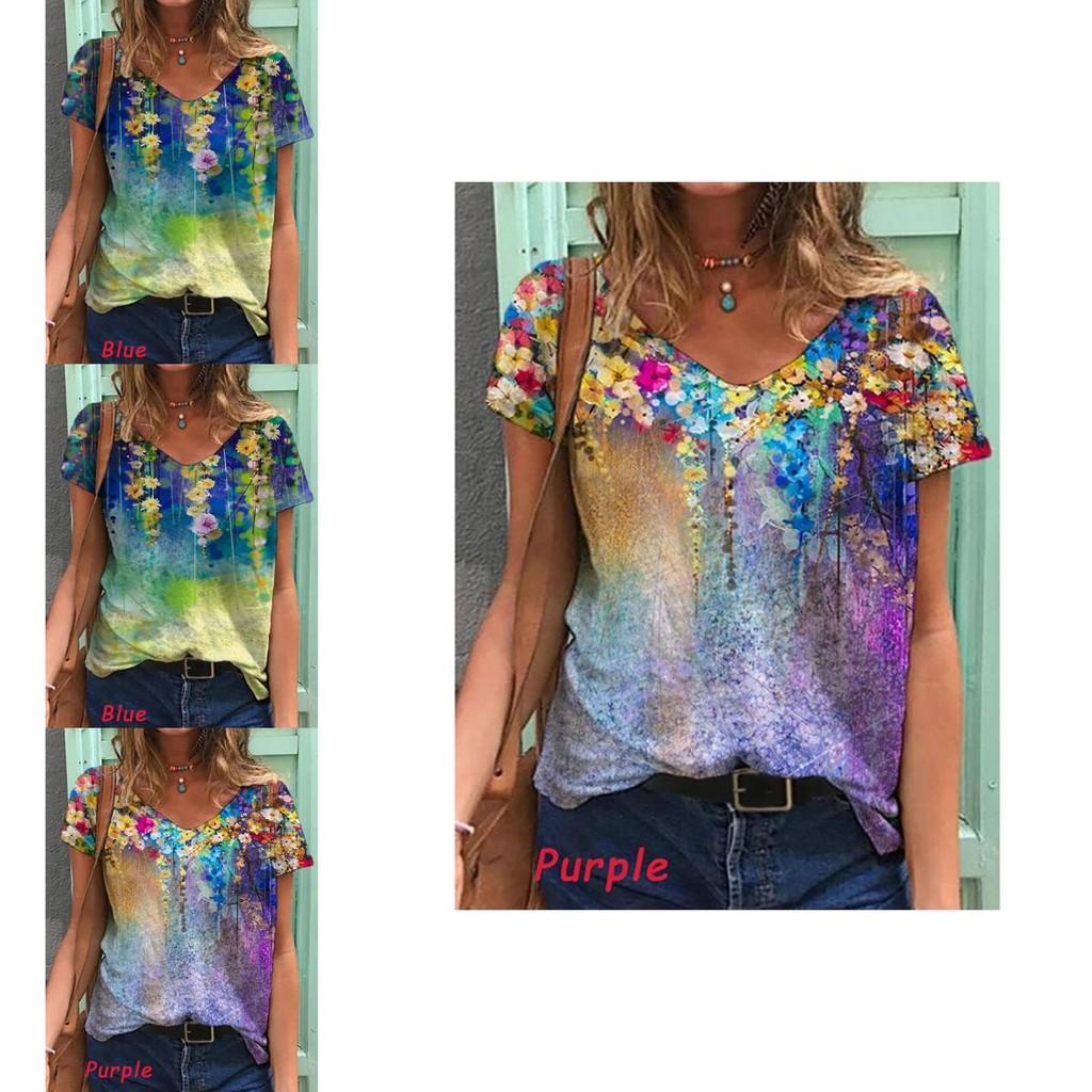 Stylish Womens V Neck Short Sleeve Blouse Soft Casual Baggy Floral T-shirt Tunic Tops