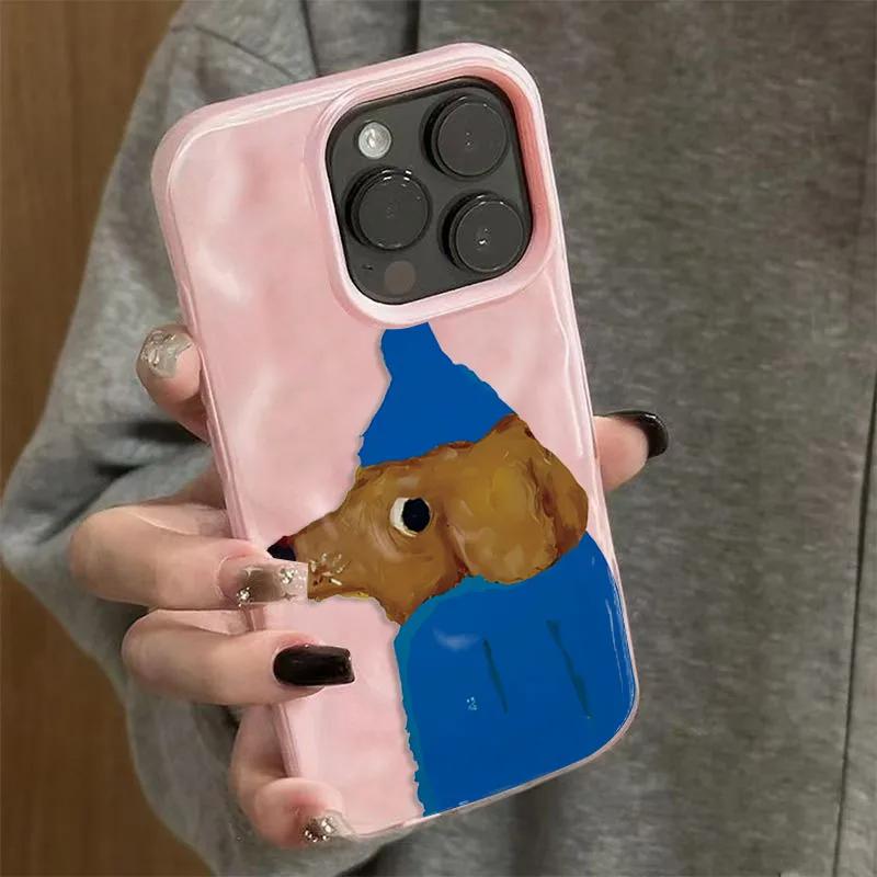 Blue Hat Puppy Folds Texture Soft Silicone Phone Case For iPhone 16 17 Air 15 14 13 12 11 Pro Max Plus Cute Cartoon Back Cover