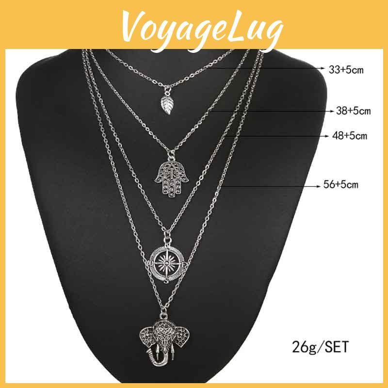 Fashion Boho Punk Retro Alloy Palm Sun Multilayer Necklace Leaf Elephant Pendant