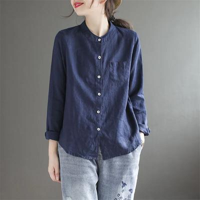 Retro Cotton and Linen Stand-up Collar Long-sleeved Shirt Women's Spring and Autumn Thin Loose Solid Color Casual Linen Top