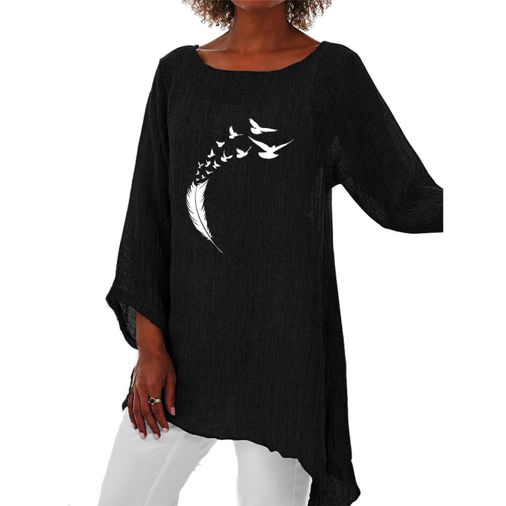 Frauen Mode Frühjahr & Sommer Lose Hemd Casual 3/4 Lange Hülse Dünne Top Print Plus Größe Runde Kragen Leinen Hemd