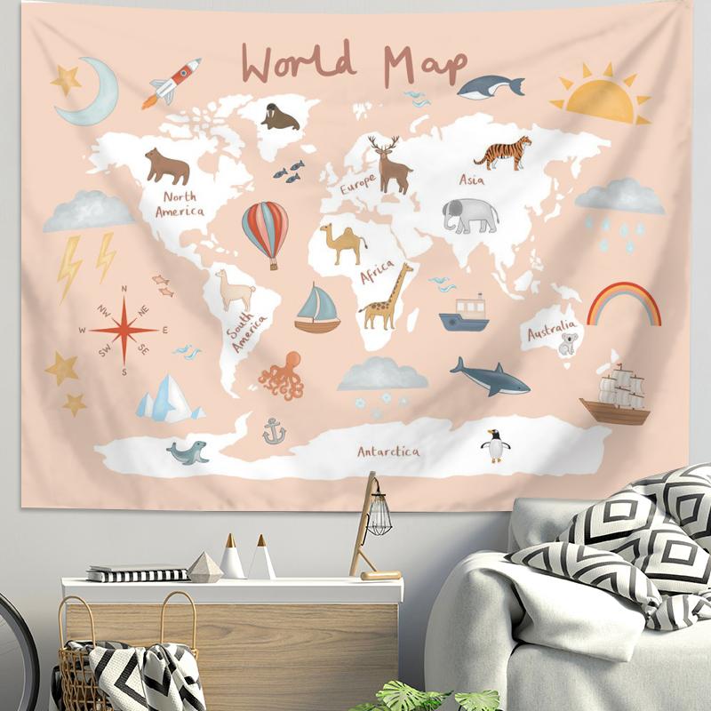 VIKAMA Ins Scandinavian World Terrain Tapestry Childrens Room Wall Decoration Cartoon Animal Map Bedside Background Tapestry
