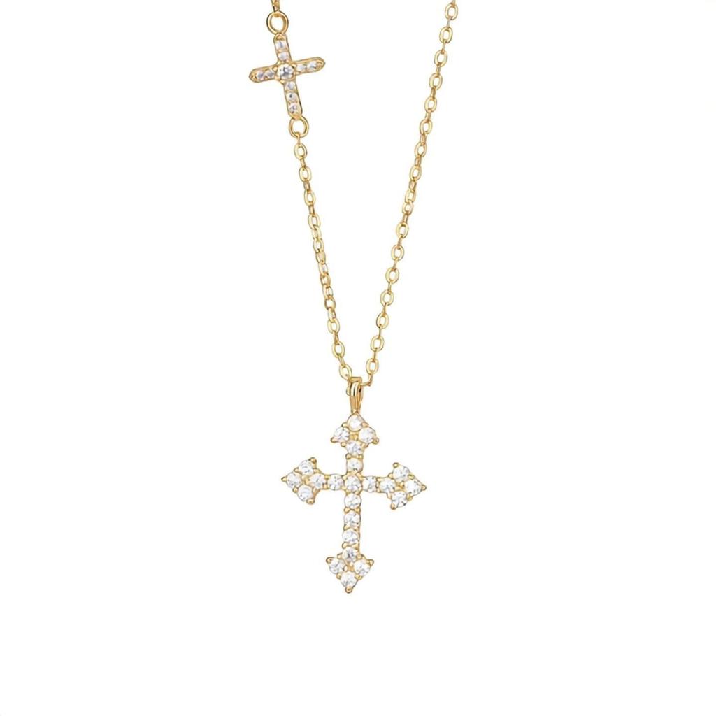 925 Sterling Silver Gold Plated Zircon Double Cross Pendant Engagement Wedding Fashion Necklace Cross Chain Women