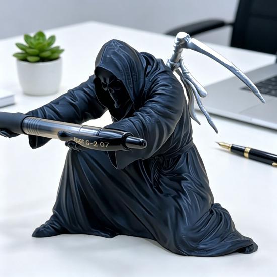Grim Reaper Pen Holder Gothic Black Cloak Skeleton Pencil Holder 3D Printed Cool Pen Stand for Students Adults Office Desk Accessory