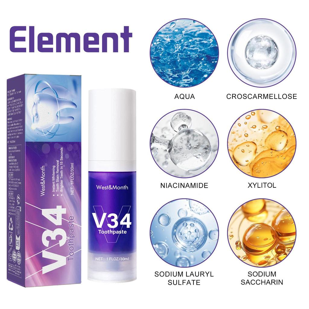 WEST MONTH V34 Teeth Whitening & Gum Refreshing Press-Type Toothpaste, Gentle Brightening, Long-lasting Fragrance.