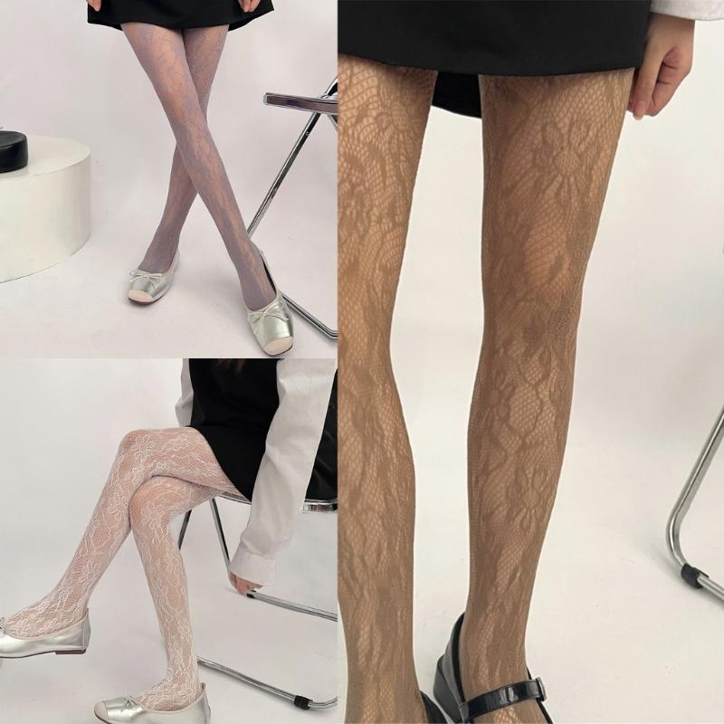 Women Sunflower Jacquard Pattern Fishnet Tights Stockings Sexy Hollowed Sheer Mesh Lace Solid Colored Pantyhose Leggings