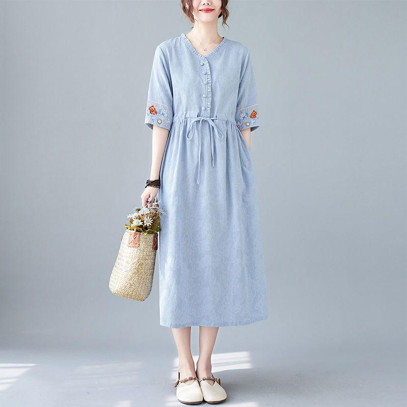 Summer New Fashion Vestidos Women Casual Elegant Cotton Ramie Embroidery Loose Plus Size Vintage Beach Midi Dress M-2XL