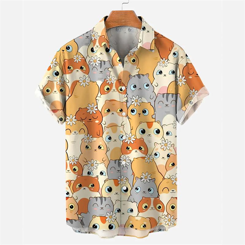 Fashion 3d Printed Cartoon Cat Hawaiian Shirt For Men Summer Vacation Button Down Lapel Shirts Cool Street Short Sleeve Blouse