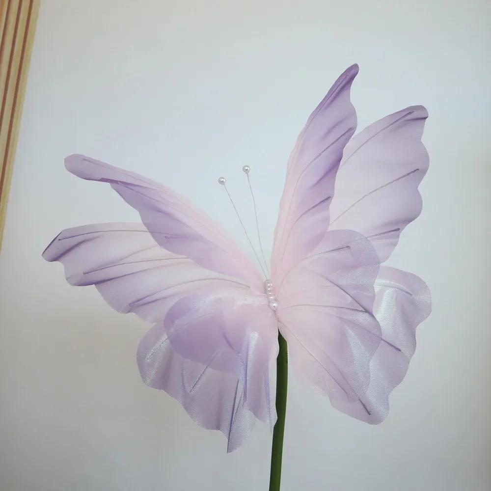 50/65cm Yapay Kelebek Dev Gazlı Bez Dış Mekan Sahte Kelebek Gradyan Renk 3D İpek İplik Kelebek Düğün Partisi Dekorasyonu