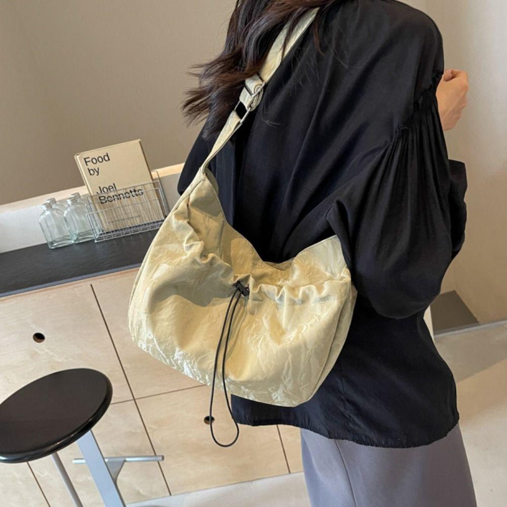 Large Capacity Drawstring Shoulder Bag Zipper Casual Crossbody Bag Nylon Shoulder Bag Travel