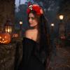Pumpkin Skull Floral Headband Stable Hair Hoop with 3D Artificial Flowers and Spiderweb Black Gauze Gothic Halloween