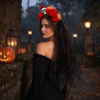 Pumpkin Skull Floral Headband Stable Hair Hoop with 3D Artificial Flowers and Spiderweb Black Gauze Gothic Halloween