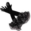 Long Velvet Gloves with Organza Ruffle Cuff, Elbow-Length Formal Gloves for Wedding/Party/Ball