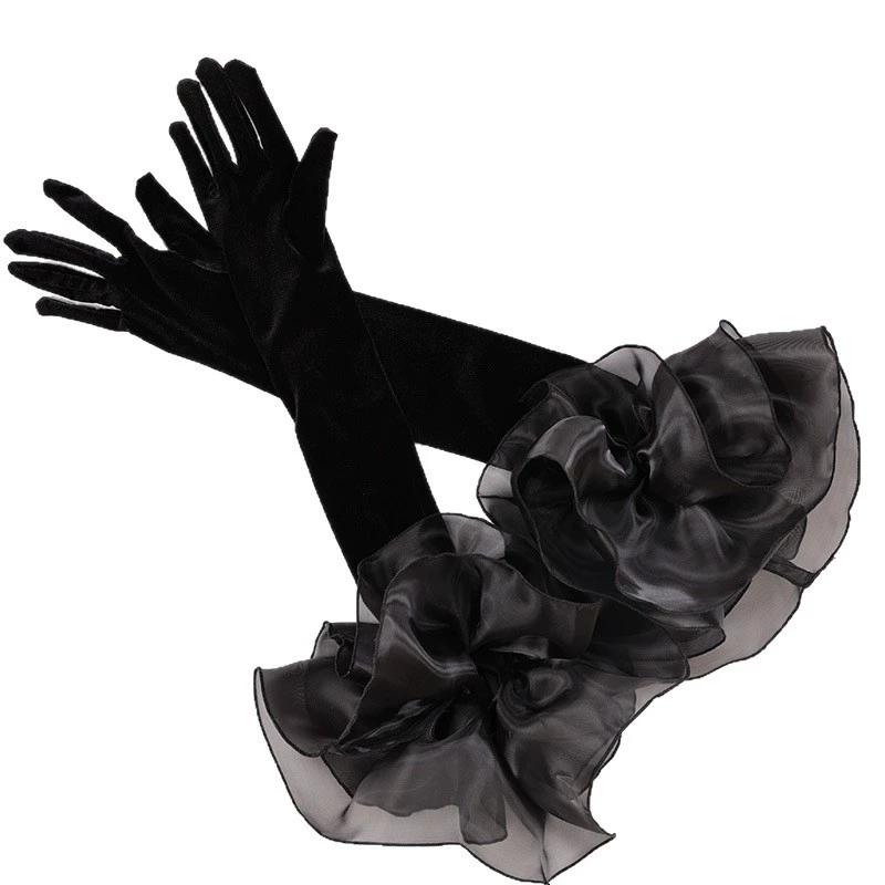 Long Velvet Gloves with Organza Ruffle Cuff, Elbow-Length Formal Gloves for Wedding/Party/Ball