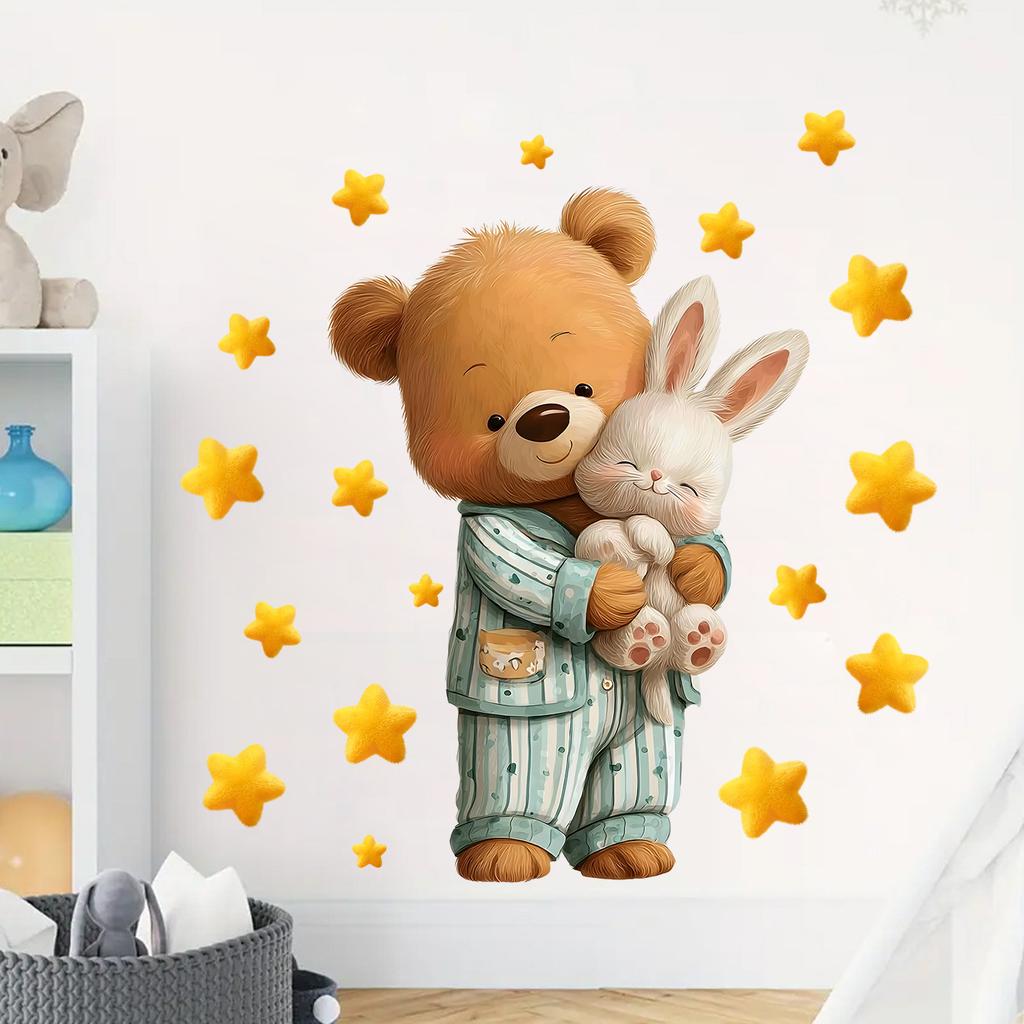 Cartoon Pajamas Teddy Bear Holding Rabbit Bedroom Wall Decoration Self-adhesive and Removable Stickers