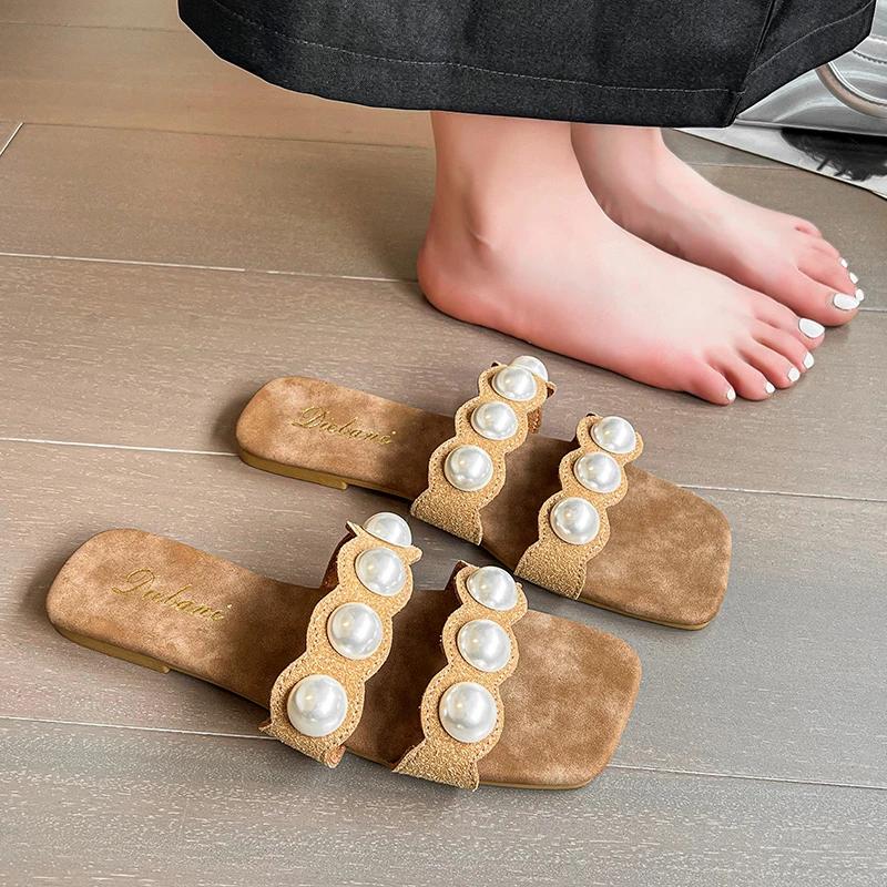Fashion 2025 Open Toe Women's Slippers New Outdoor Daily Summer Plus Size String Bead Concise Soft Bottom Flat Slippers Zapatos