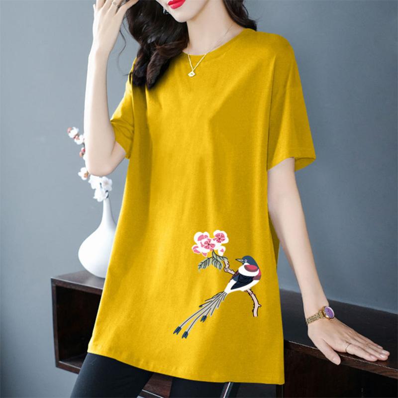 100% bumbac Tricou cu mânecă scurtă de lungime medie pentru femei Vară cu model de culoare uni Imprimare All-match Subțire de lungime medie Top Trendy