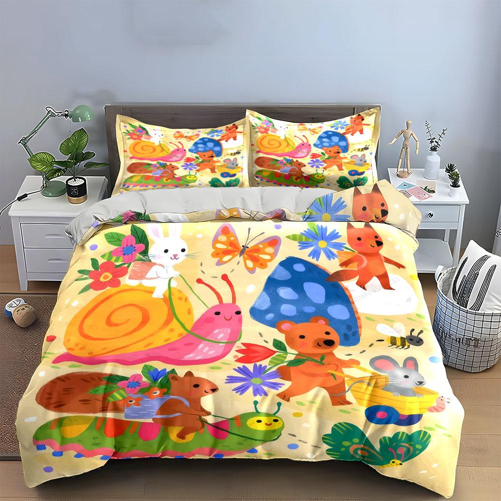3Pcs Woodland Friends Cartoon Animal Duvet Cover Set Bunny Fox Bear Garden Nursery Bedding Single Double King Queen Gift