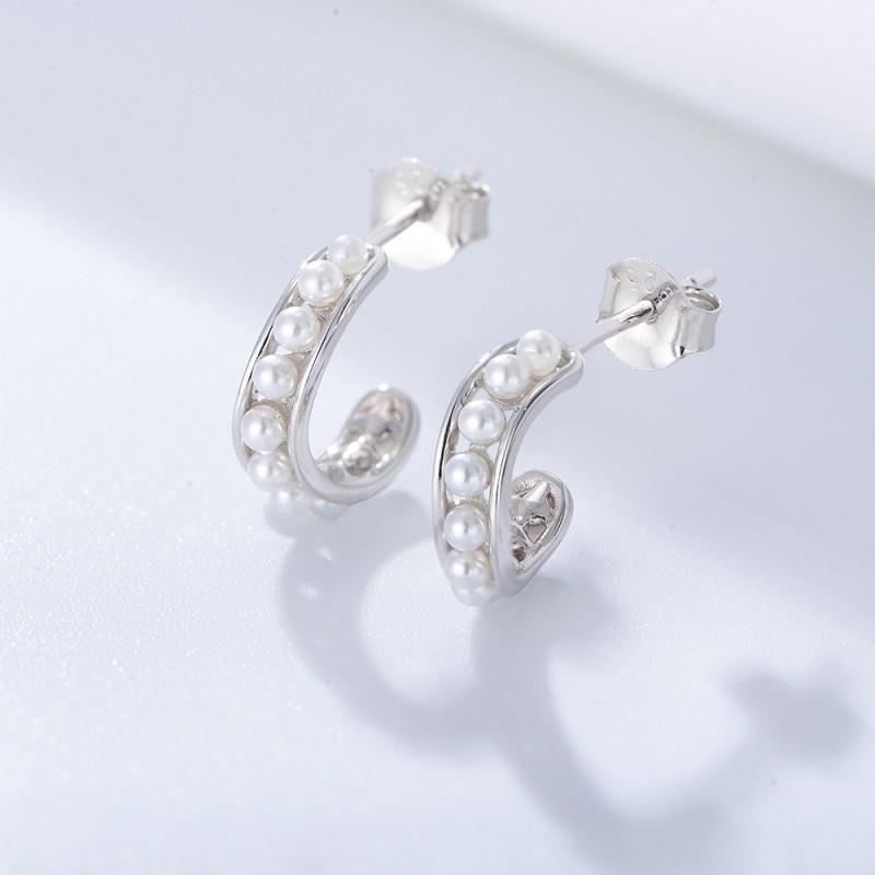 Geometric C-Shaped Hollow Pearl Earrings Women Sterling Studs Vintage Chic Fashion Jewelry 925 Sterling Silver