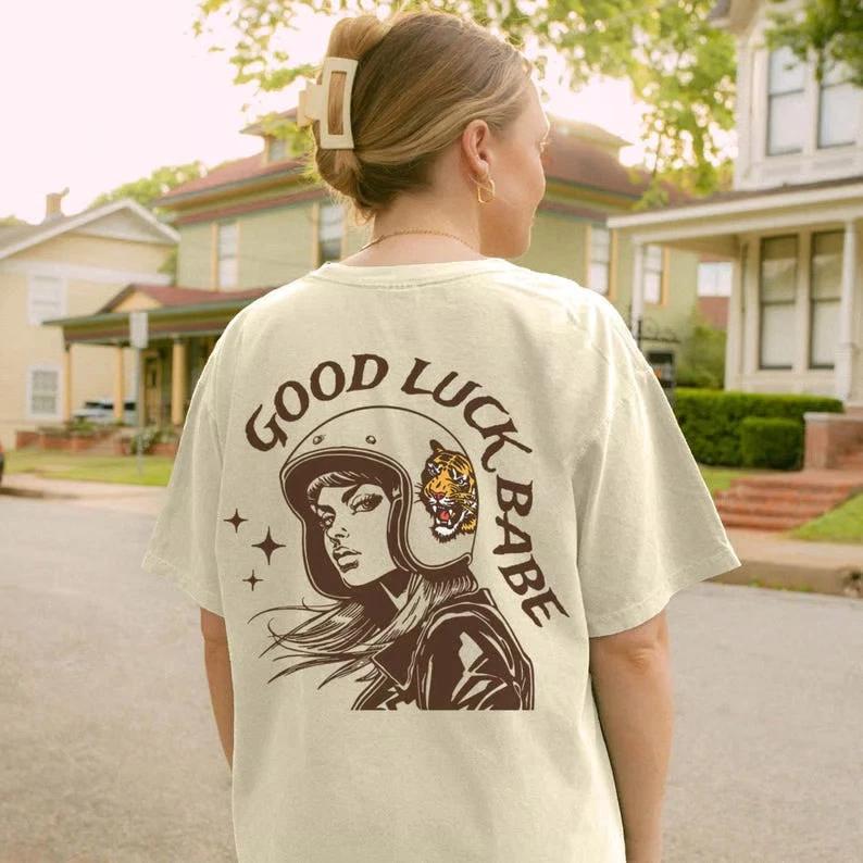 Good Luck Babe Retro Biker Girl T-Shirt - Vintage Motorcycle Rider Graphic Tee XXXXL