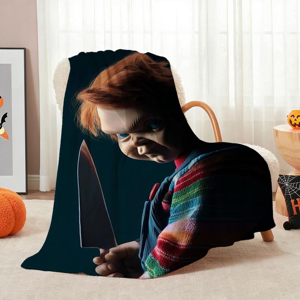 Good Guys Classic Horror Doll Pattern Theme Flannel Blanket Warm Comfortable Fleece Blanket For Office Sofa Party Decor Halloween Gift