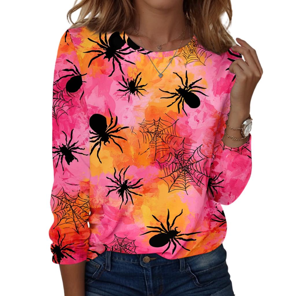 Women's Casual Long Sleeve Pullover Top Halloween Print Round Neck Shirt Lightweight Comfortable Fit for Daily Wear