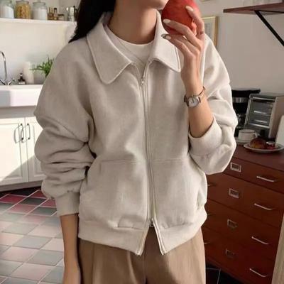 Design Veste à Manches Longues Automne Hiver Américaine Courte Gris Clair Haut Double Fermeture Éclair Sweat-shirt Cardigan Femme
