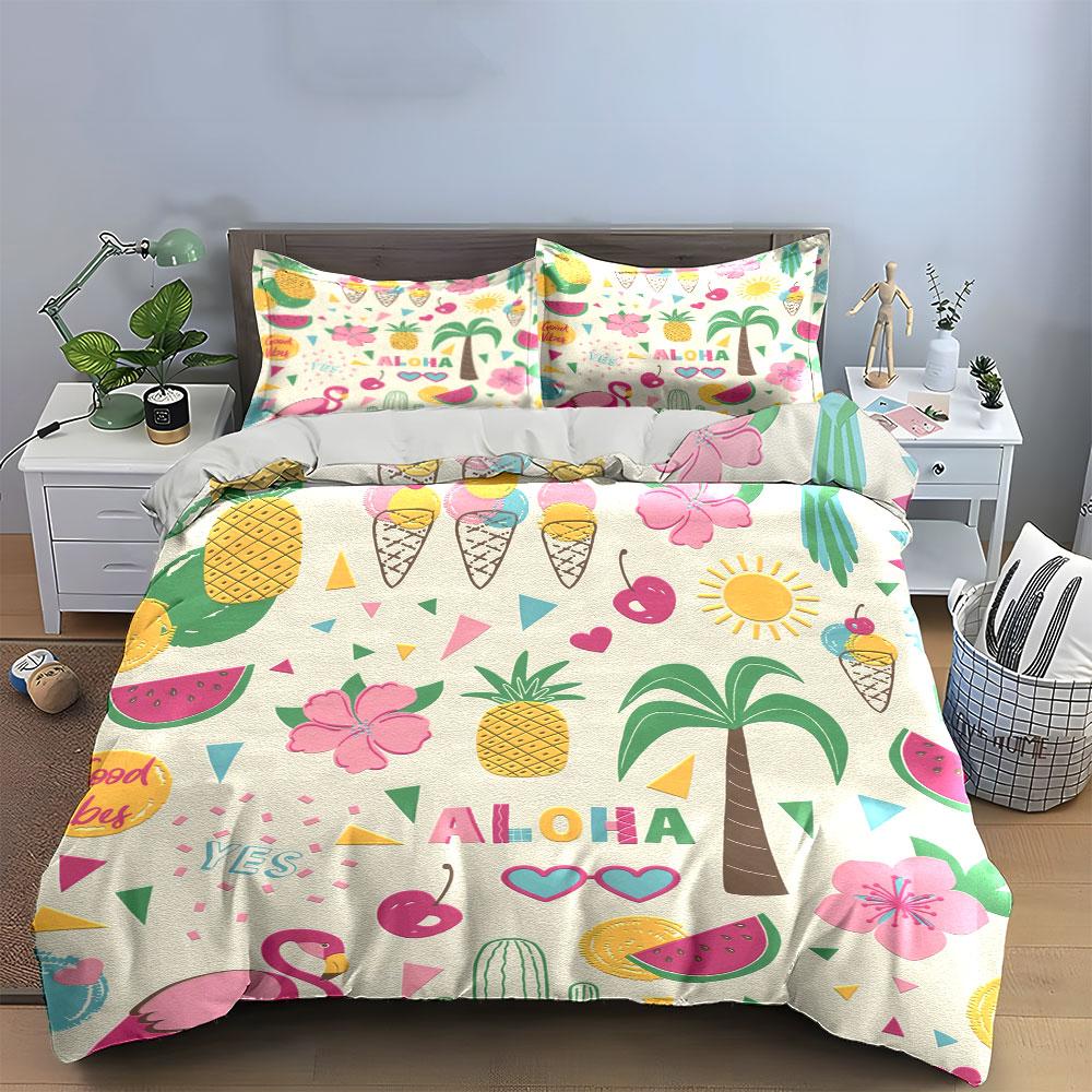 Tropical Aloha Flamingo Pineapple Watermelon Bedding Set 3pcs Summer Cute Fruit Palm Tree Print Duvet Cover Bed Linen