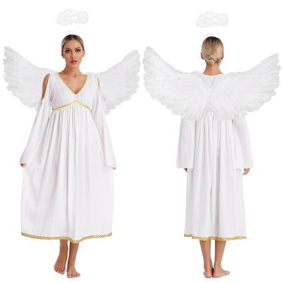 Damen Halloween Engel Kostüm V-Ausschnitt Kalte Schulter Trompetenärmel Empire Gold Wellenbesatz Fließendes Chiffonkleid