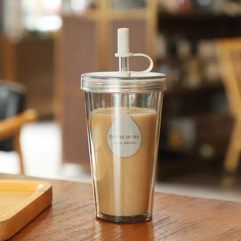 Double Layer Straw Milk Tea Cup With Lid Portable Water Mug Fruit Tea Cup Small Creative Plastic Cup For Summer Gift Water Cup