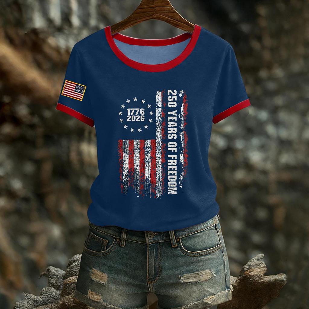 Women's Casual Round Neck Short Sleeve Pullover Printed T-Shirt Top