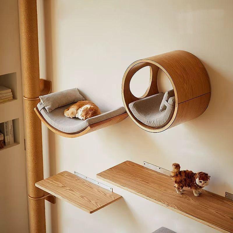 Polite de Cățărare din Lemn pentru Pisici Copac pentru Pisici Montat pe Perete Stâlp de Zgâriat din Sisal Hamac cu Pedale Loc de Joacă pentru Pisoi de Interior Accesorii pentru Pisici