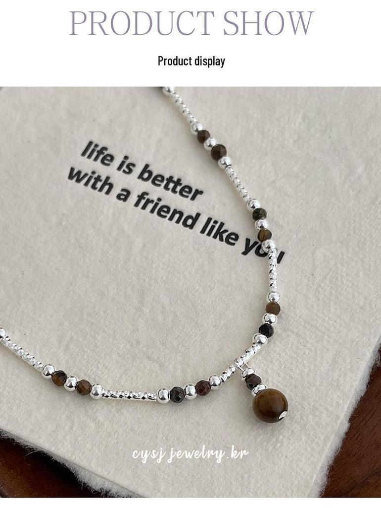 Cui Yan S925 Sterling Silver Korean Tiger's Eye Bead Necklace - Women's Fashionable Autumn/Winter Clavicle Chain
