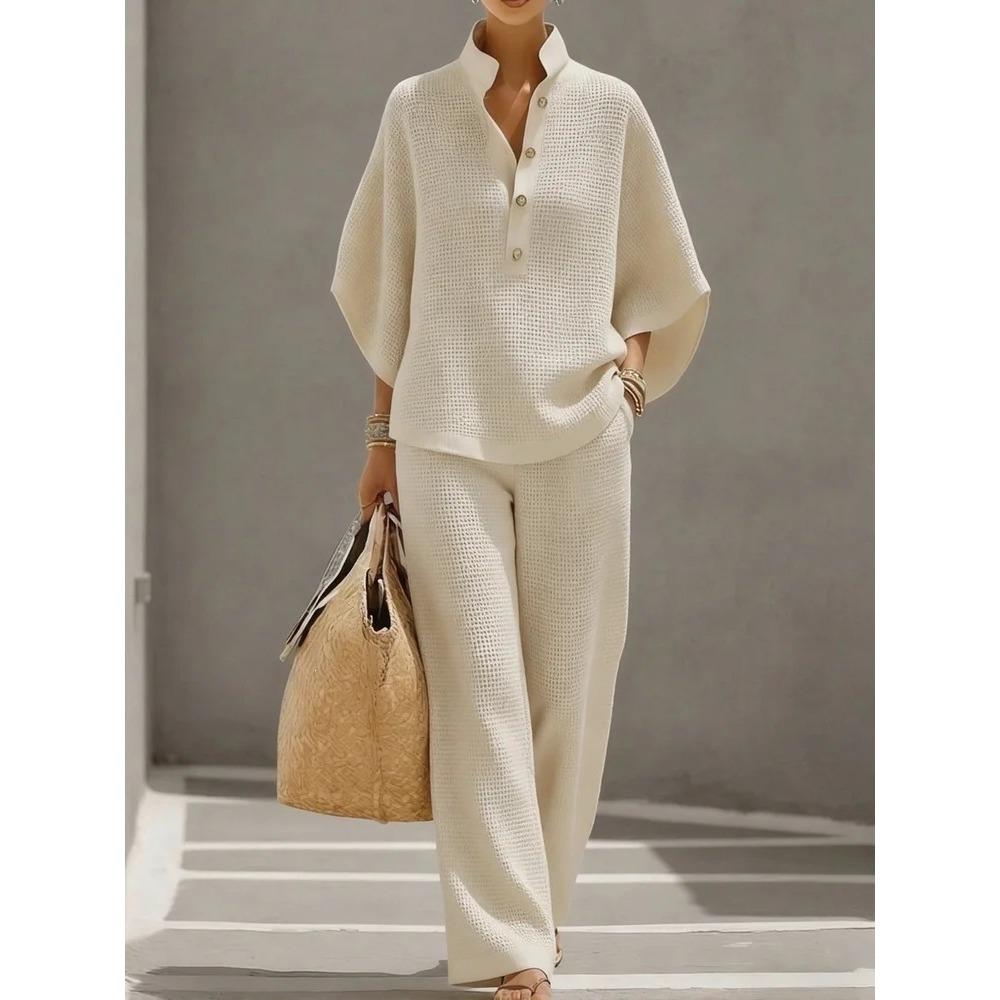Women's Mandarin Collar Half Sleeve Button Up Shirt and Wide Leg Pants Casual Loungewear Set