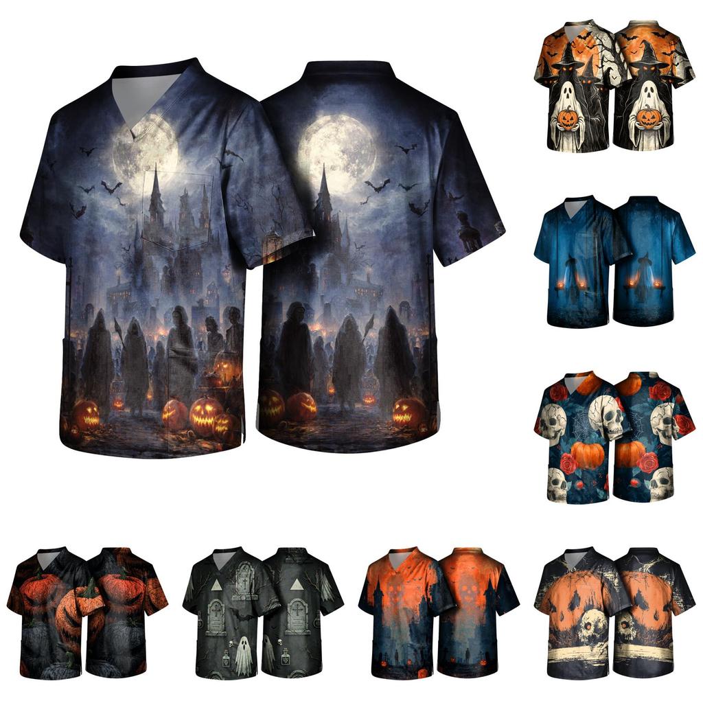 Men's Halloween Print V Neck Pocket Scrub Top Short Sleeve Medical Uniform Shirt with Graphic Design for Healthcare Professionals