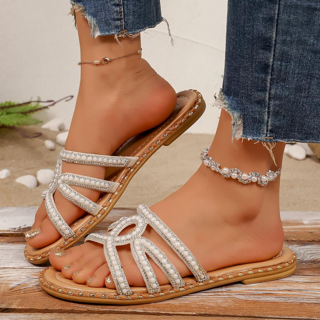 Womens Flat Sandals Slippers Comfortable Flip Flops Slide Sandal Summer Beach Shoes With Rhinestones Decoration Women Sandalias